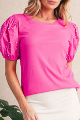 Bright Pink Pearl Beaded Puff Sleeve Ribbed Top
